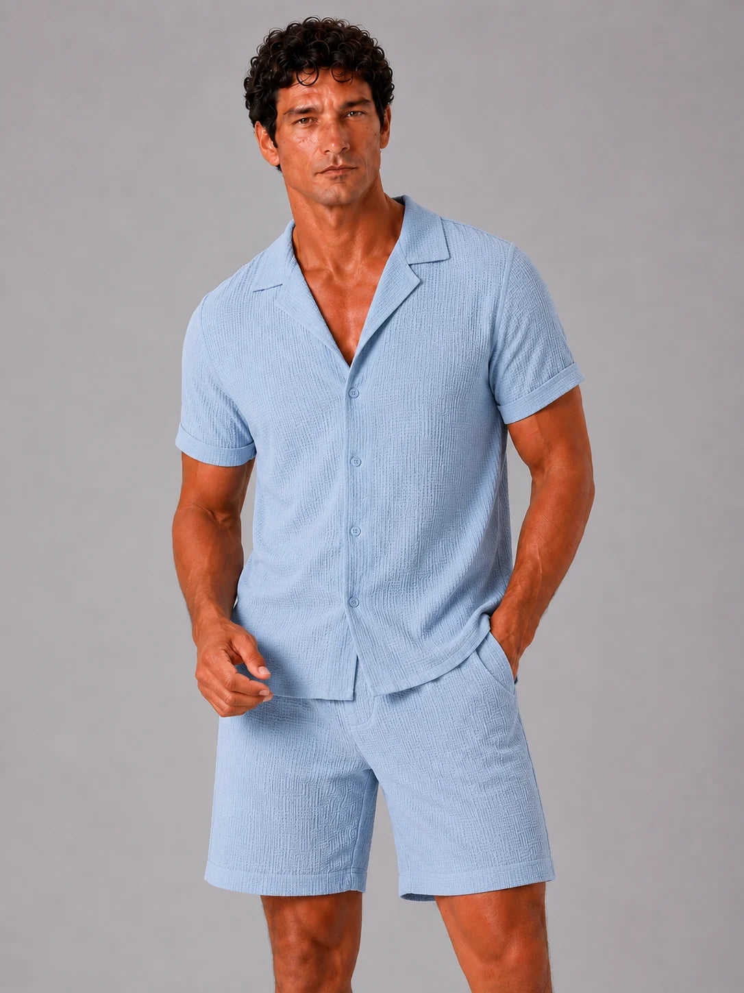 Jacquard Cotton Two-Piece Set Light Blue
